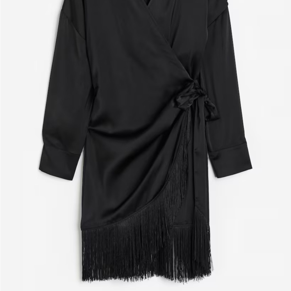H&M Black Ruched Wrap Dress with Cuffed Sleeves